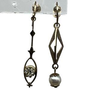 Vintage Gold Pearl Gem Drop Earrings Art Deco Screw Back Clips asymmetrical